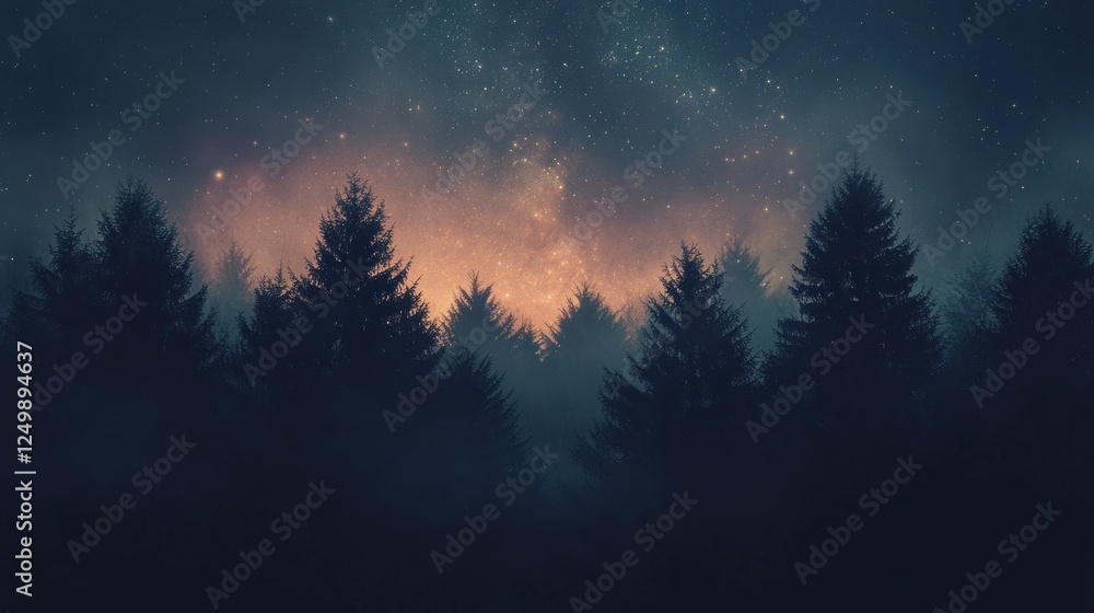 Starry Night Sky Above a Misty Evergreen Forest Starry Night Sky Above a Misty Evergreen Forest
