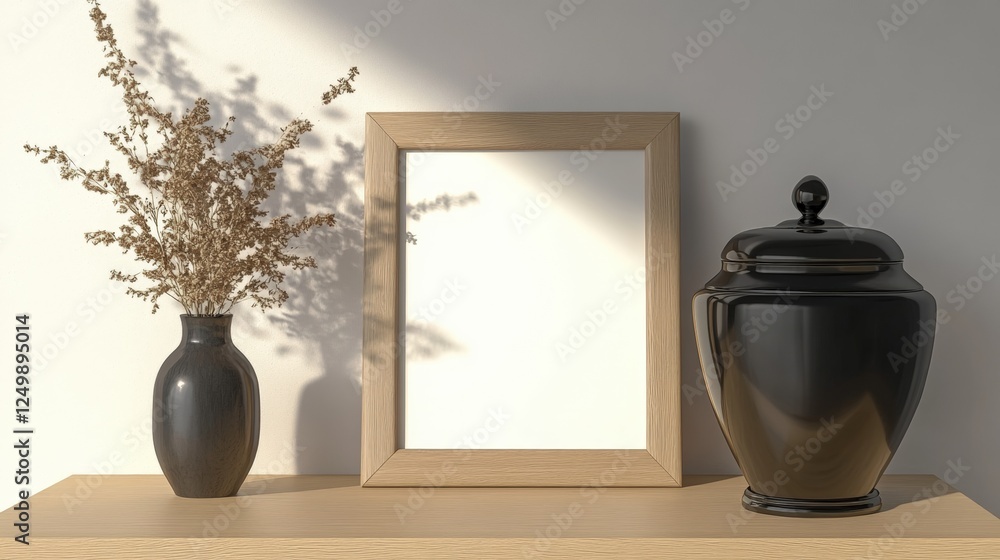 Elegant Funeral Mockup with Memorial Urn and Blank Photo Frame Elegant Funeral Mockup with Memorial Urn and Blank Photo Frame