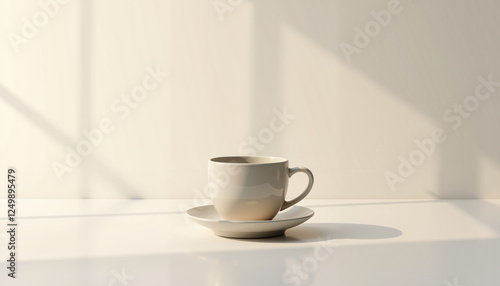 Wallpaper Mural Minimalist coffee cup and saucer resting on a white table against a softly lit, light-colored wall, evoking tranquility and modern elegance. Torontodigital.ca