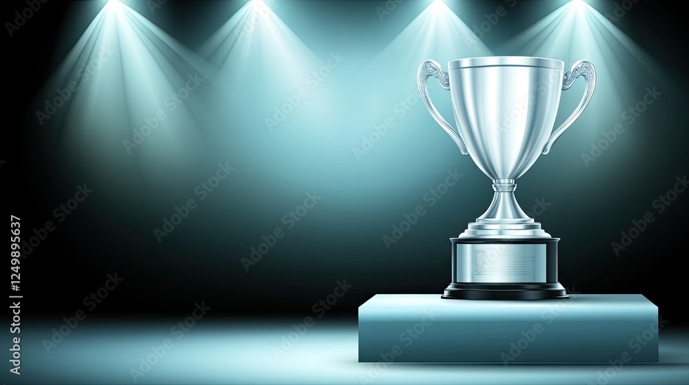Silver trophy on podium under spotlights. Silver trophy on podium under spotlights.