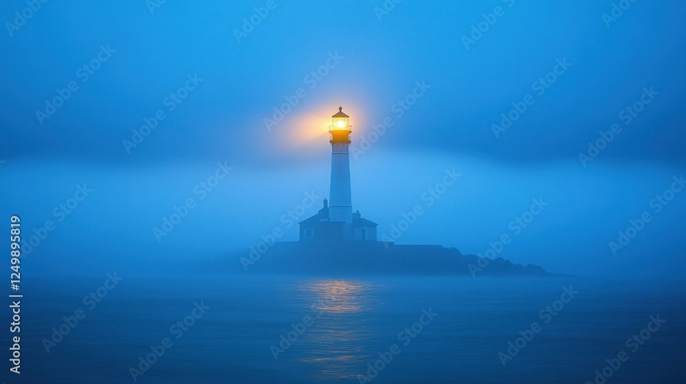 Fototapeta premium Lighted Lighthouse Stands Tall In Misty Ocean