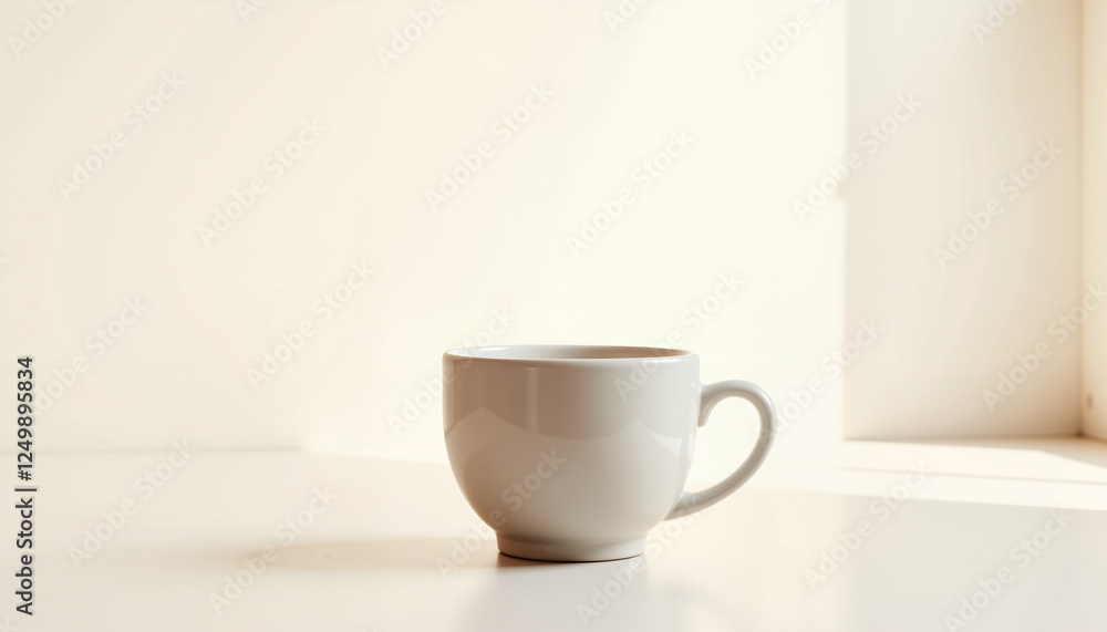 Fototapeta premium Minimalist white ceramic cup placed elegantly on a clean surface with soft natural lighting, creating a serene atmosphere for coffee appreciation.