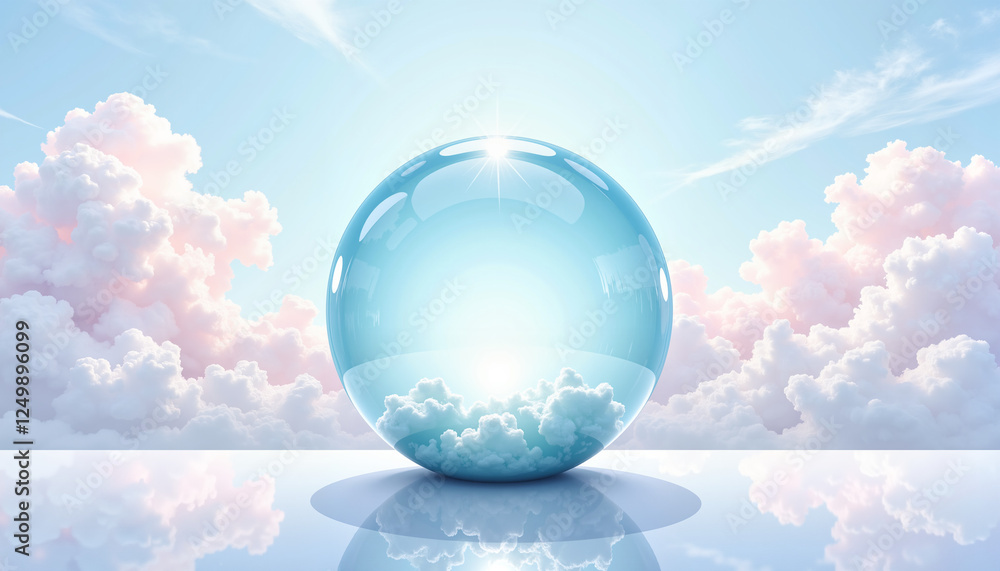 Translucent blue sphere with reflective surface floating in serene sky with soft clouds and ethereal atmosphere. Translucent blue sphere with reflective surface floating in serene sky with soft clouds and ethereal atmosphere.