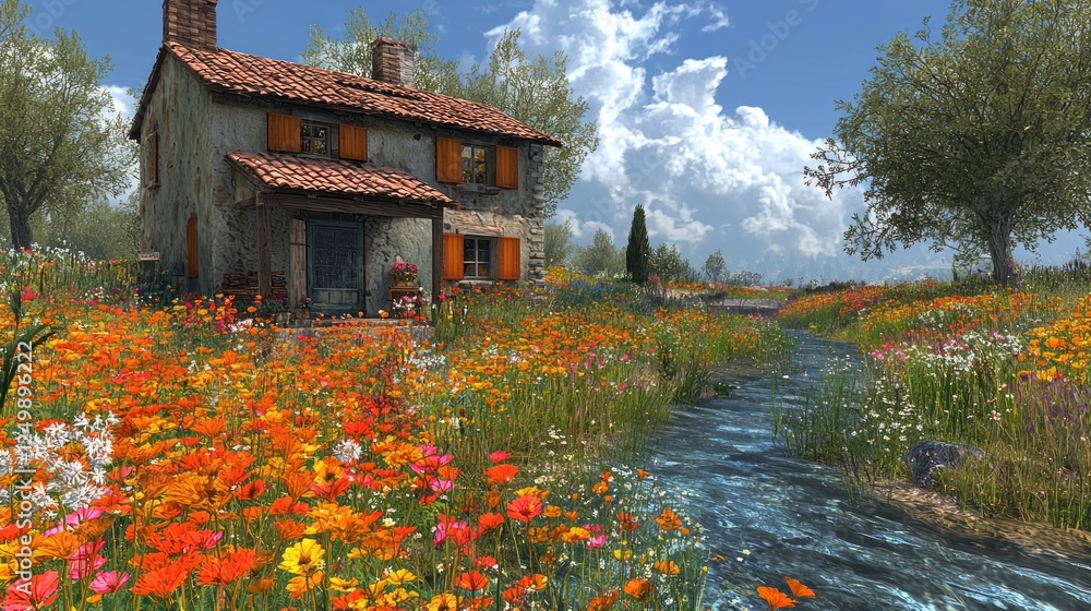 Fototapeta premium Stone Cottage Nestled Beside Blooming Wildflower Meadow Stream