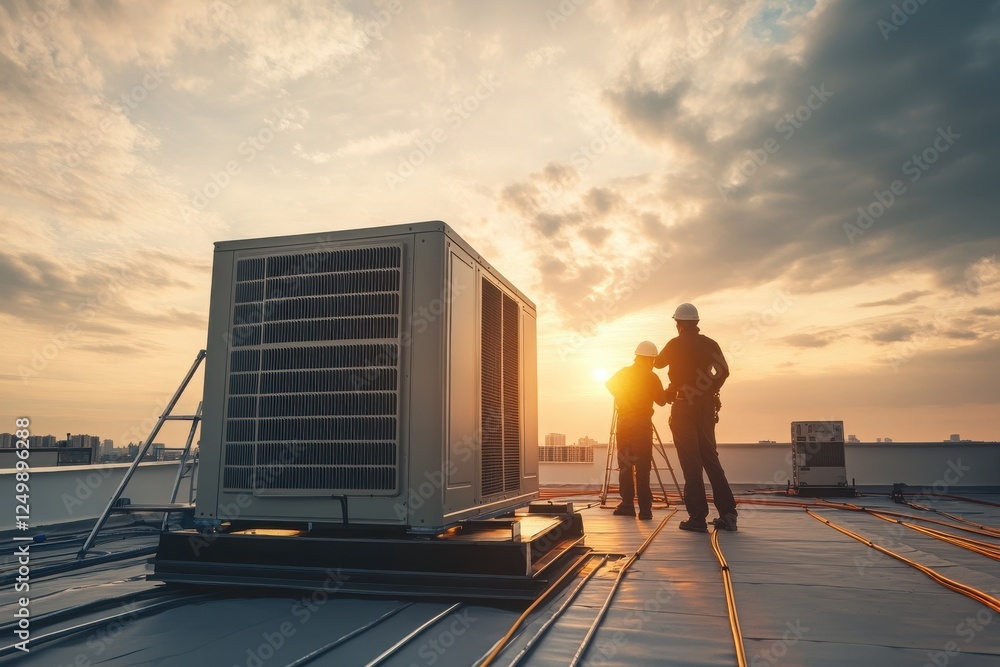 Technicians Working on Rooftop Air Conditioning Unit at Sunset Technicians Working on Rooftop Air Conditioning Unit at Sunset