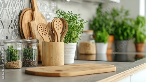 Cozy kitchen scene with wooden utensils and fresh herbs in jars photo