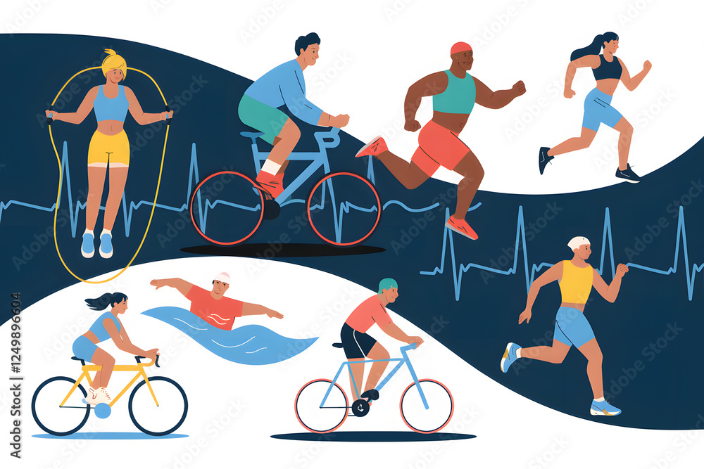 Obraz premium A cartoon illustration showing different types of activities such as running, walking, swimming, cycling, and jump rope to stay active.