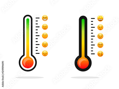 Thermometer icons. Temperature scales. Thermometer scales icons. Temperature Thermometer with emoji.  Temperature thermometer icon set.  Vector thermometer.
