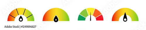 Speedometer scale illustration. Risk meter icon set. Scale icons. Low, Medium or High risk on speedometer. Risk speedometer icons. High risk meter