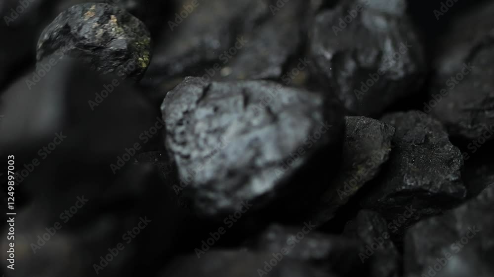 Coal chunks drop and collide in slow motion, breaking into smaller pieces. A macro study of this fossil fuel, beautifully lit for high-frame visuals. Coal chunks drop and collide in slow motion, breaking into smaller pieces. A macro study of this fossil fuel, beautifully lit for high-frame visuals.