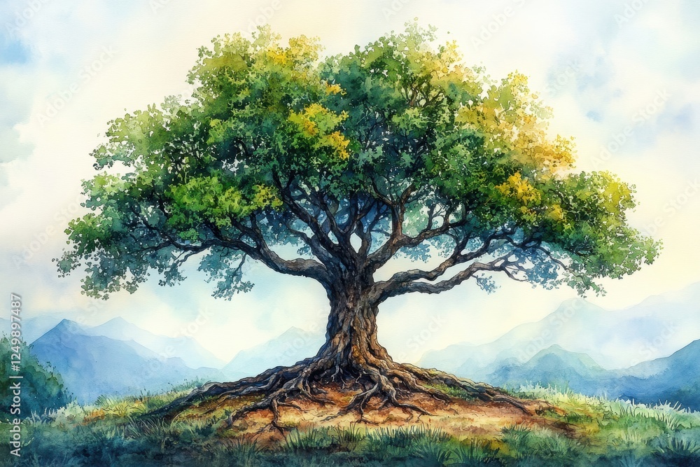 A vibrant watercolor painting of a majestic tree with sprawling roots.