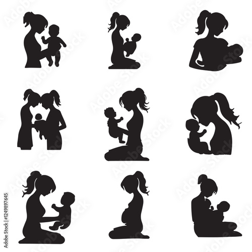 A mother holding her baby silhouette black filled vector Illustration icon bundle on white background