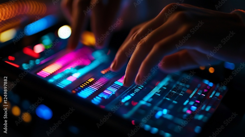 Close-up of hands using a tablet with colorful audio equalizer interface. Close-up of hands using a tablet with colorful audio equalizer interface.