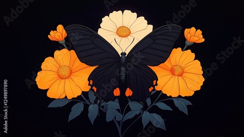 A striking illustration of a black butterfly surrounded by vibrant orange and white flowers photo