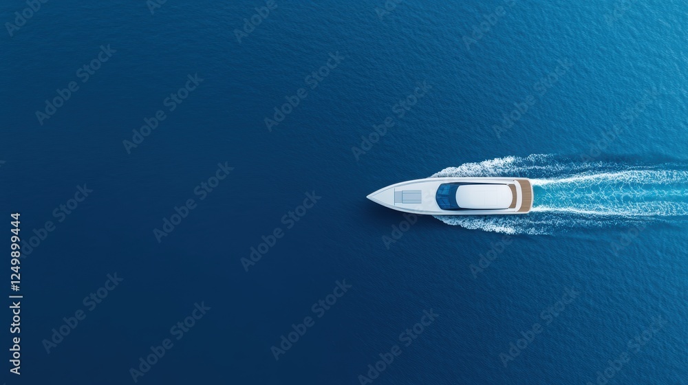 Obraz premium A sleek white yacht glides across deep blue water, leaving a trail of foam in its wake, showcasing luxury and leisure on a clear day.