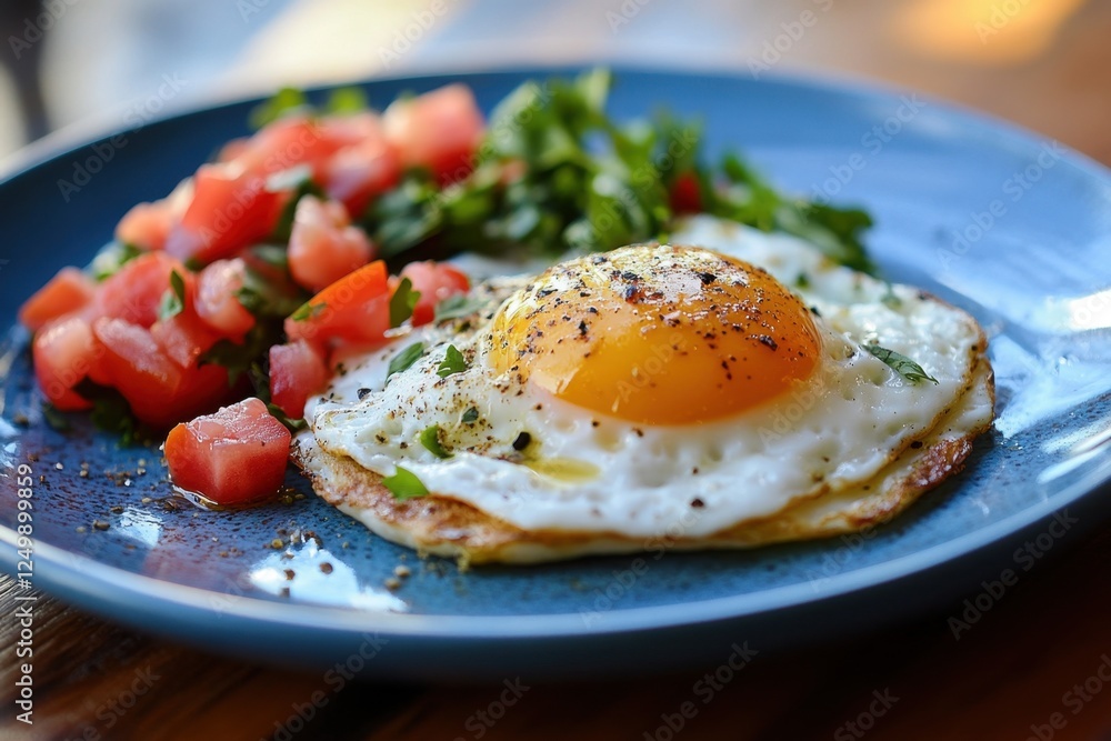 Fried egg with diced tomatoes and greens on blue plate Fried egg with diced tomatoes and greens on blue plate