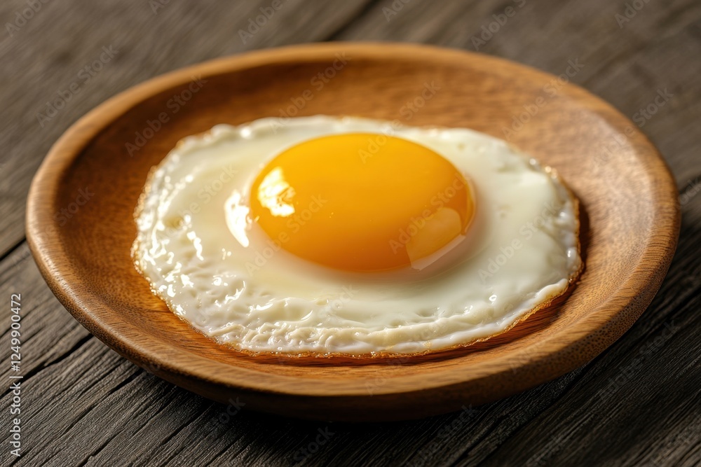 Single fried egg served in wooden bowl on wood Single fried egg served in wooden bowl on wood