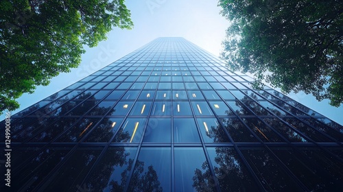 Urban skyscraper rising above trees, modern architecture, sunny day photo