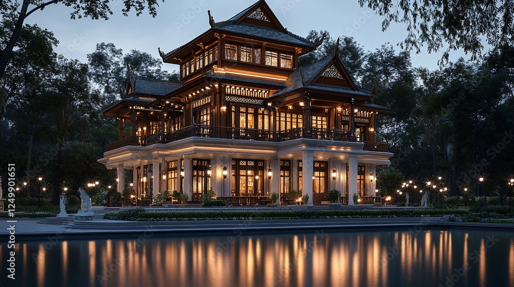 Luxurious Asian mansion at dusk, reflecting in water Luxurious Asian mansion at dusk, reflecting in water