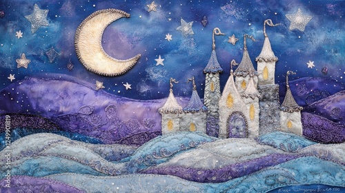 Wallpaper Mural A beautiful fairytale castle nestled under a glowing moon, set against a dreamy night sky with twinkling stars.  Torontodigital.ca