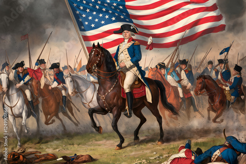 An illustration of a president going on a war. United States president on a horse. Washington