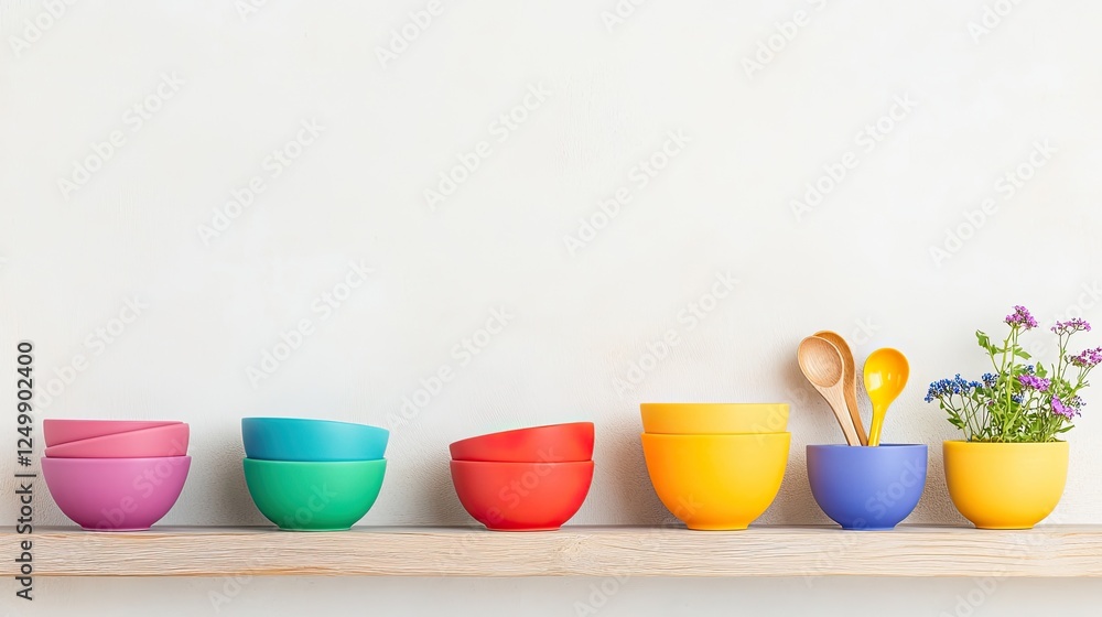 Colorful bowls and utensils arranged on a wooden shelf with flowers, showcasing a vibrant kitchen scene Colorful bowls and utensils arranged on a wooden shelf with flowers, showcasing a vibrant kitchen scene