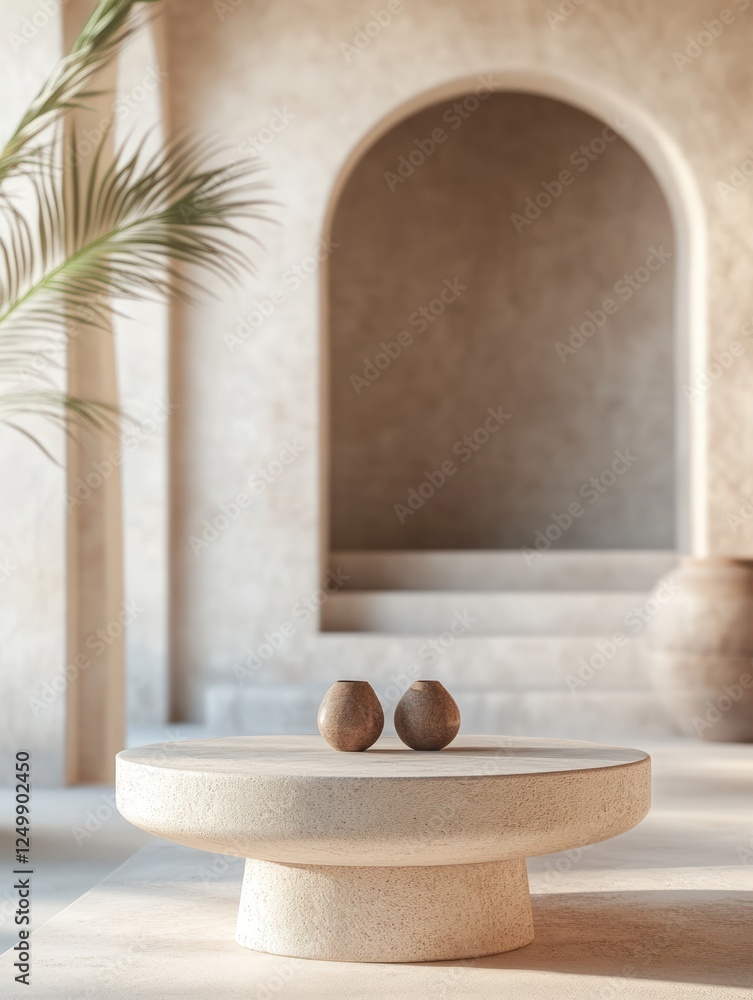 Minimalist interior featuring a textured table with vases and arches Minimalist interior featuring a textured table with vases and arches