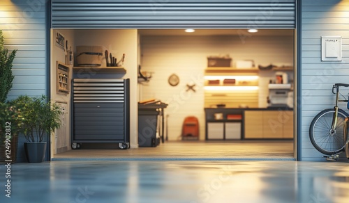 Well-organized garage interior with tools, workbench, bicycle, and plants.