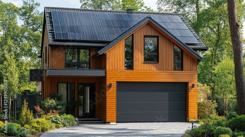 Wallpaper Mural Modern wooden house with solar panels surrounded by lush greenery and a paved driveway Torontodigital.ca