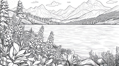 Wallpaper Mural Lupines by mountain lake; scenic view, nature illustration, coloring page Torontodigital.ca