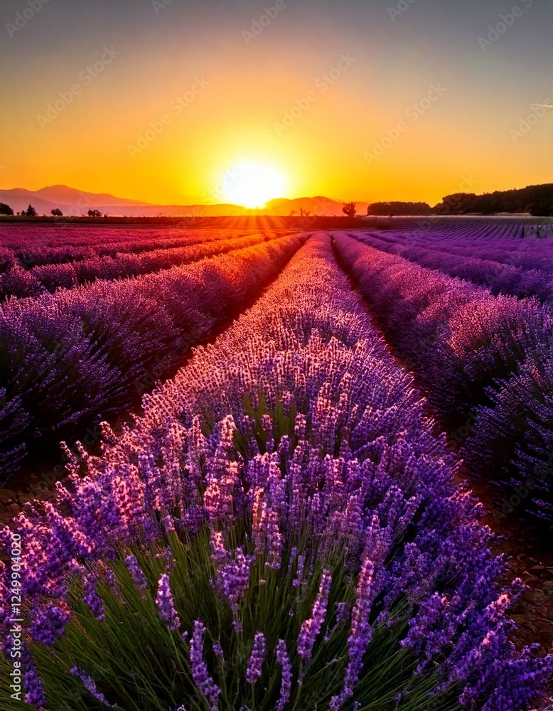 Obraz premium Lavender Field at Golden Hour – Purple tones blending with warm sunset hues with copy space