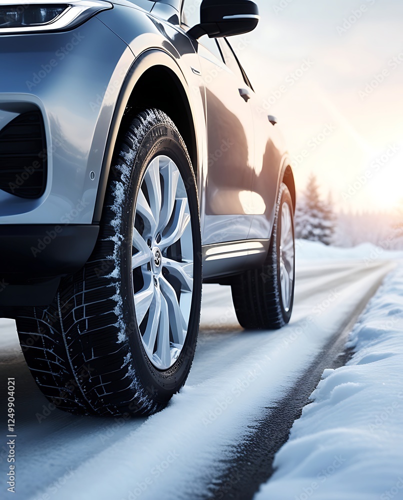 Naklejka premium Close-up of a modern car driving on a snowy road, showcasing winter tires, vehicle safety, and performance in challenging cold weather conditions