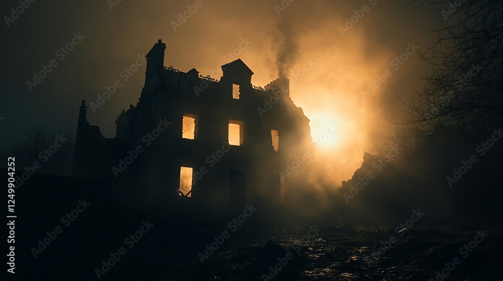 Obraz premium Silhouette of a burning old stone house at night, shrouded in fog and smoke.