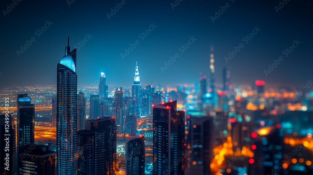 Naklejka premium Night cityscape view of modern skyscrapers glowing in the twilight.