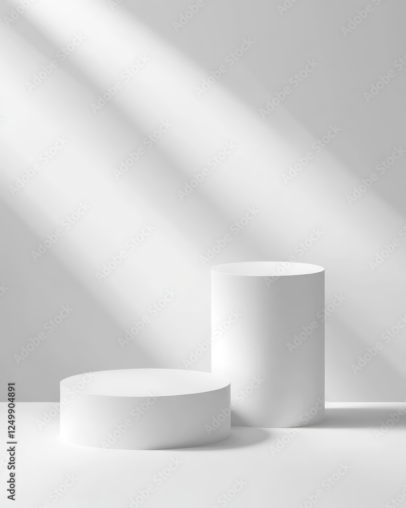 White minimalist product display stands bathed in sunlight White minimalist product display stands bathed in sunlight