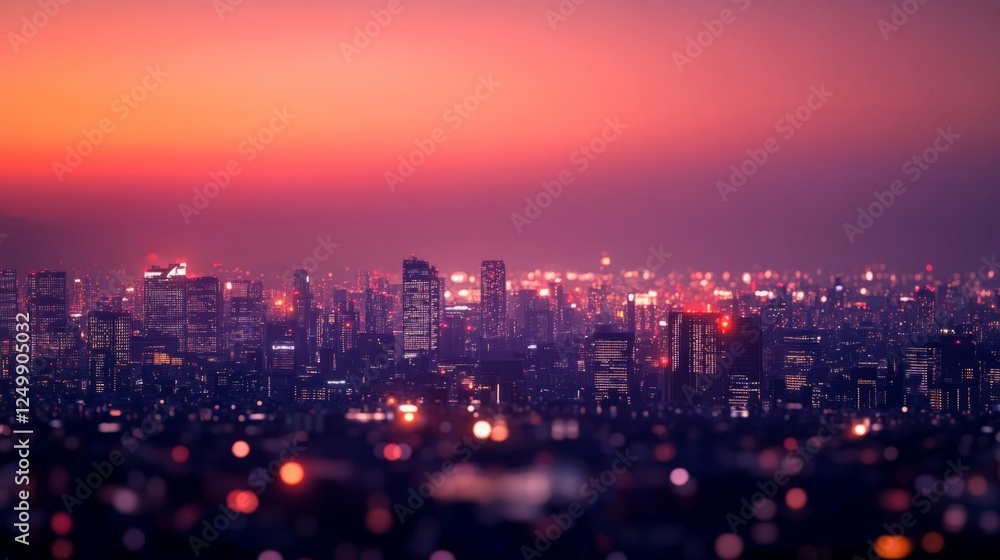Obraz premium City skyline at sunset. Pink and purple hues paint the sky above the illuminated cityscape.