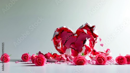 White heart shatters, releasing pink roses on a white background – a symbol of pure love and tenderness. A poetic visual for romantic branding, luxury campaigns, or Valentine’s Day marketing.