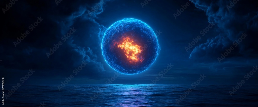 Fototapeta premium Fiery orb above ocean, night sky, dark clouds, fantasy art