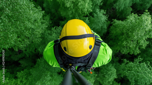 Rescue operation over dense green forest with a climber wearing a yellow helmet and harness at midday generated  AI photo