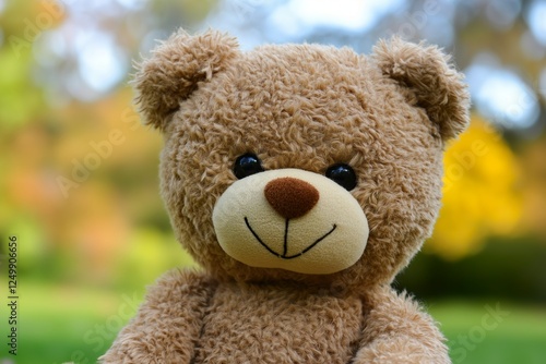 Friendly teddy bear sitting outdoors in a sunny garden
