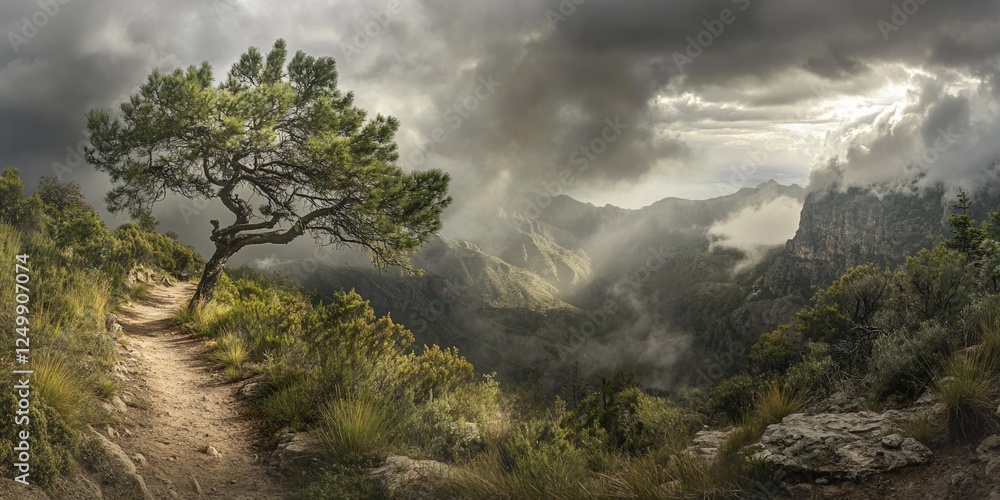 Obraz premium Mountain path, lone tree, misty valley, dramatic sky