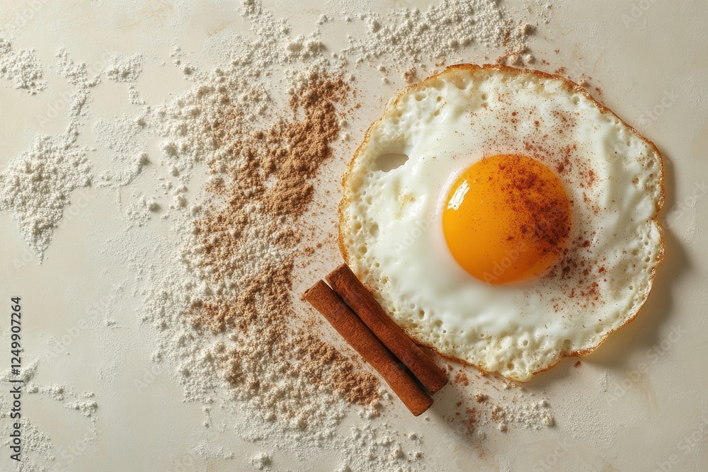 Fried egg presented with cinnamon and flour background Fried egg presented with cinnamon and flour background