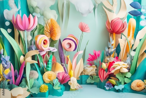 Vibrant paper flowers create a whimsical landscape display