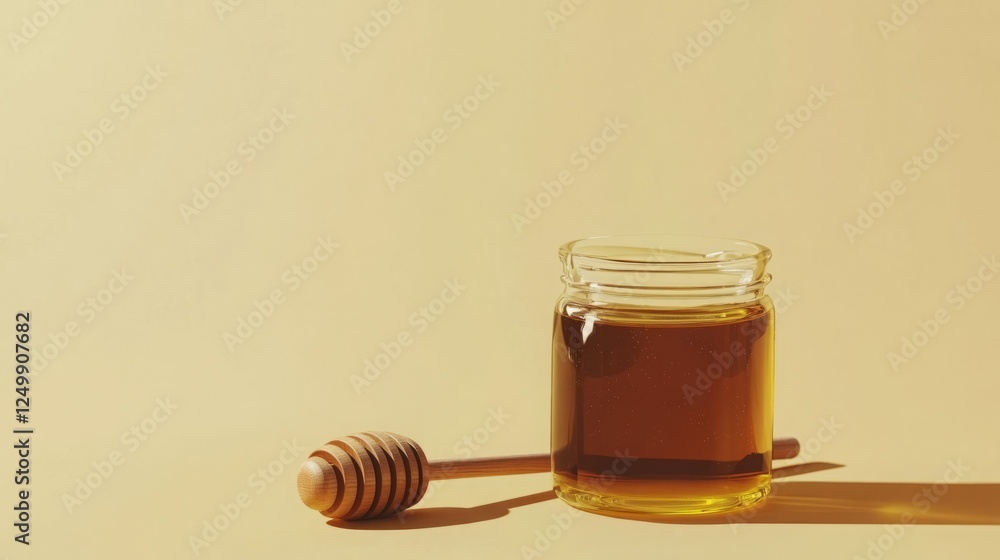 Golden honey in a glass jar with a wooden honey dipper. Golden honey in a glass jar with a wooden honey dipper.
