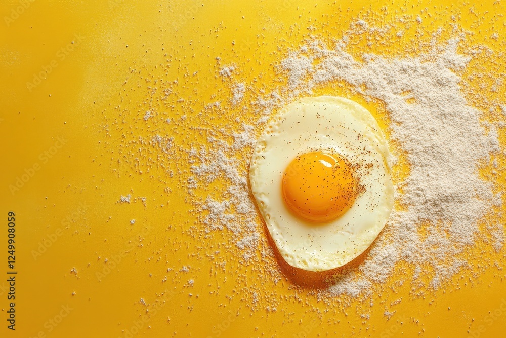 Sunny side up egg with white powder on yellow background Sunny side up egg with white powder on yellow background