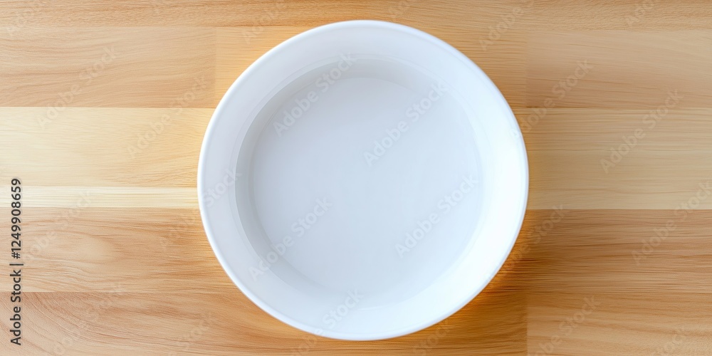 Empty white plate on a wooden table surface Empty white plate on a wooden table surface