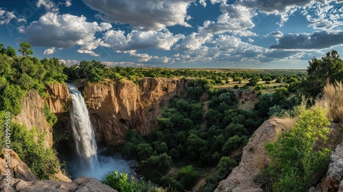 Waterfall cascades into lush valley under dramatic sky. Nature landscape for travel brochure