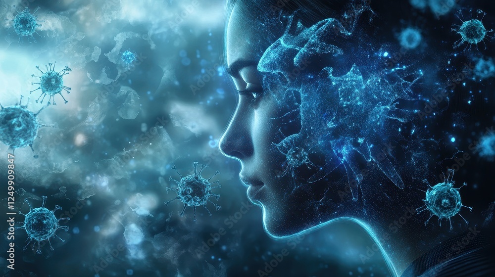A conceptual healthcare image of a person surrounded by a digital hologram of the immune system, showing interconnected defense mechanisms against pathogens. The futuristic blue-toned background repre A conceptual healthcare image of a person surrounded by a digital hologram of the immune system, showing interconnected defense mechanisms against pathogens. The futuristic blue-toned background repre