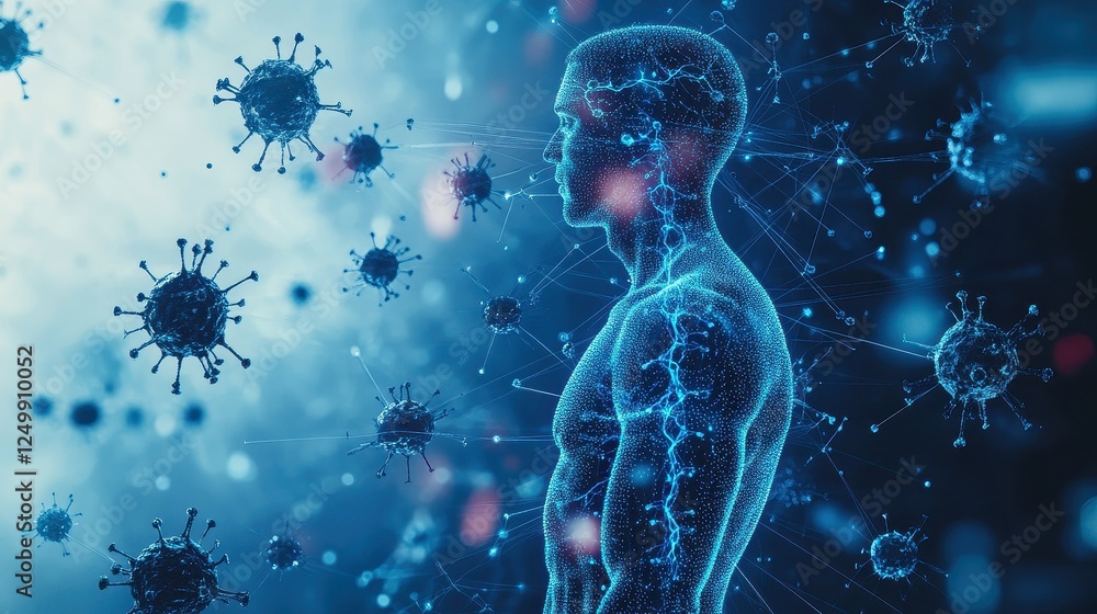 A conceptual healthcare image of a person surrounded by a digital hologram of the immune system, showing interconnected defense mechanisms against pathogens. The futuristic blue-toned background repre A conceptual healthcare image of a person surrounded by a digital hologram of the immune system, showing interconnected defense mechanisms against pathogens. The futuristic blue-toned background repre