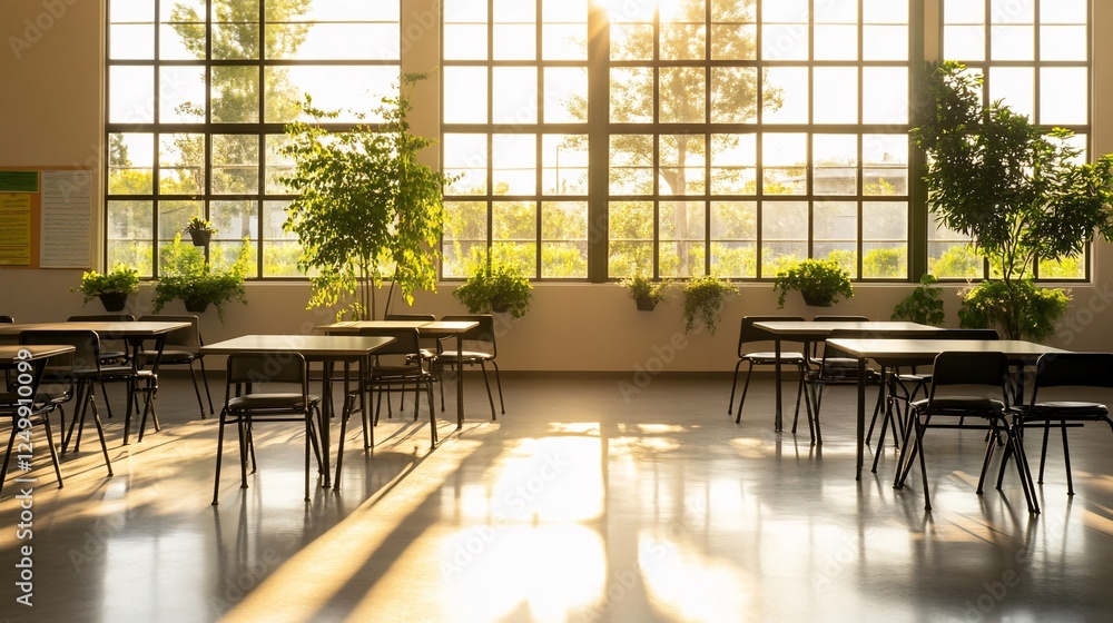 Sunlit interior with tables and chairs near large windows, plants, and sunlight beams. Sunlit interior with tables and chairs near large windows, plants, and sunlight beams.